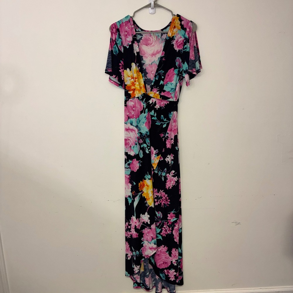 360 Emerald Floral Maxi Wrap Dress L Navy Blue High Low Short Sleeve V-Neck